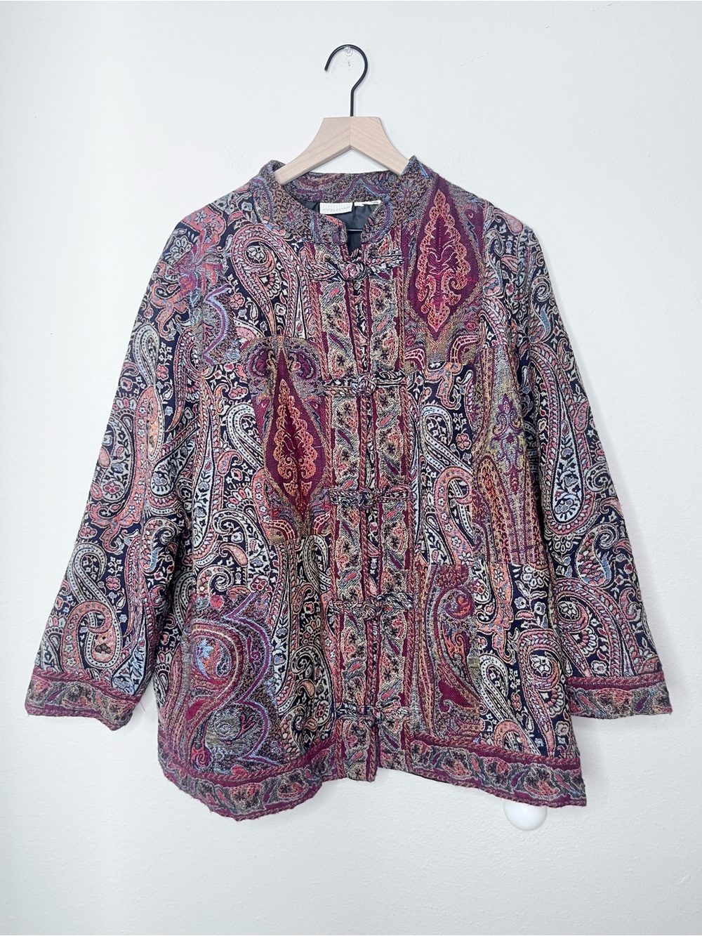 Vintage White Stag Jacket Tapestry Boho Paisley Chinese Knot Button Plus Size